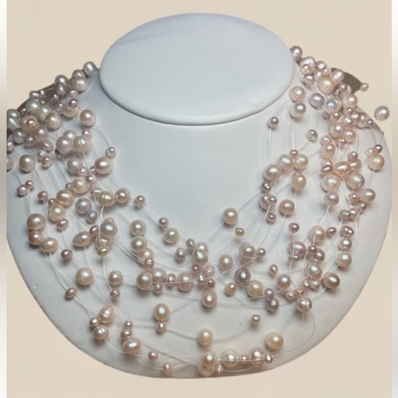 vivah Jewelry - New! Freshwater Cultured Pearl Necklace, 14 Rows Floating w/ Soft Pink Hues